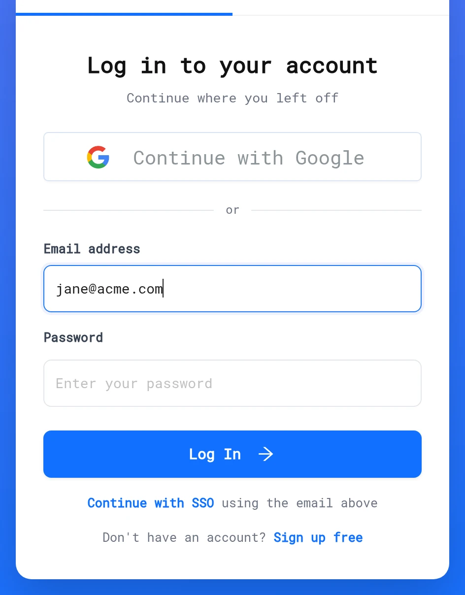 LiveDemo login page with the Continue with SSO link under the Log In button