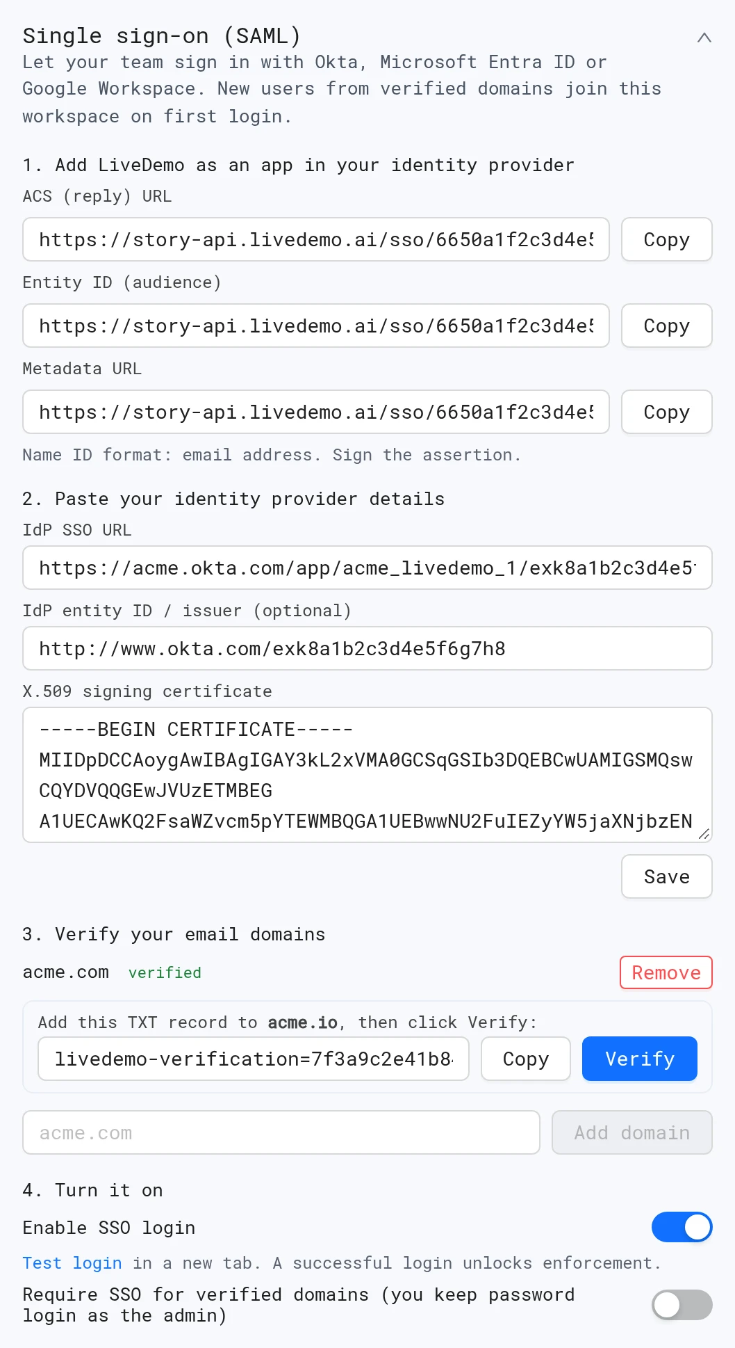 Single sign-on (SAML) settings with service provider URLs, IdP details, verified domain and the enable and enforce switches