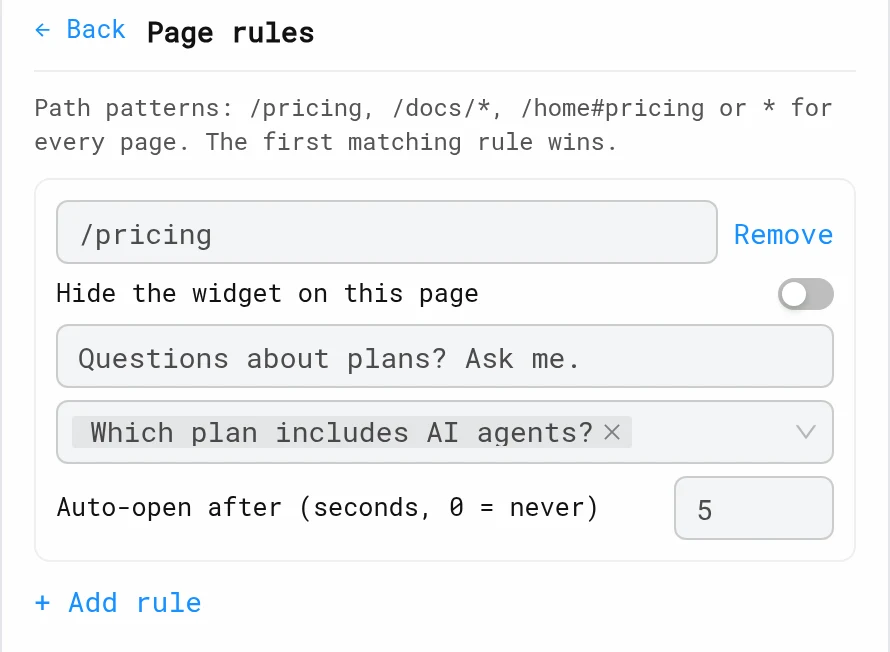 Page rule for /pricing with teaser text, a starter question and auto-open after 5 seconds