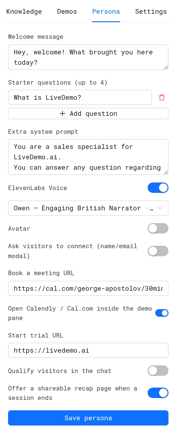 Persona tab with welcome message, starter questions, voice, avatar, booking and qualification settings