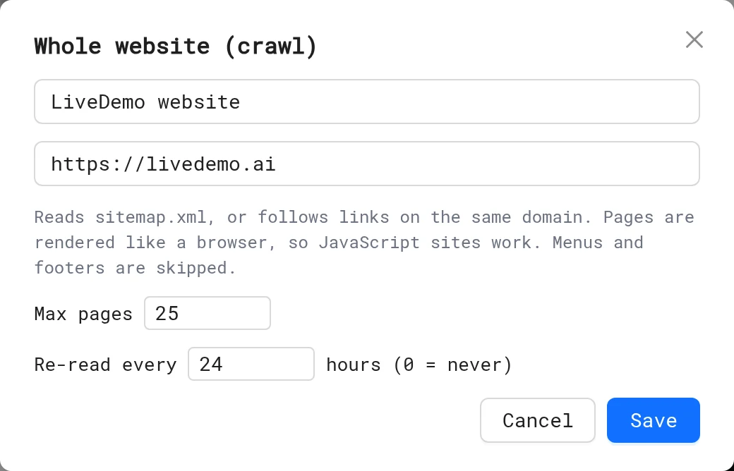 Whole website (crawl) dialog with URL, Max pages and Re-read every settings