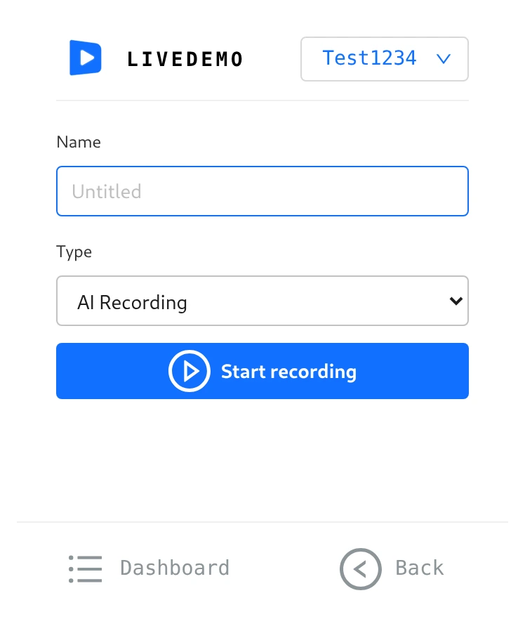 LiveDemo extension with Type set to AI Recording and Start recording