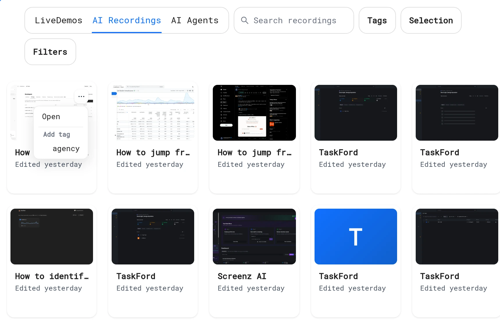 Demos page on the AI Recordings tab with the Open menu on a recording