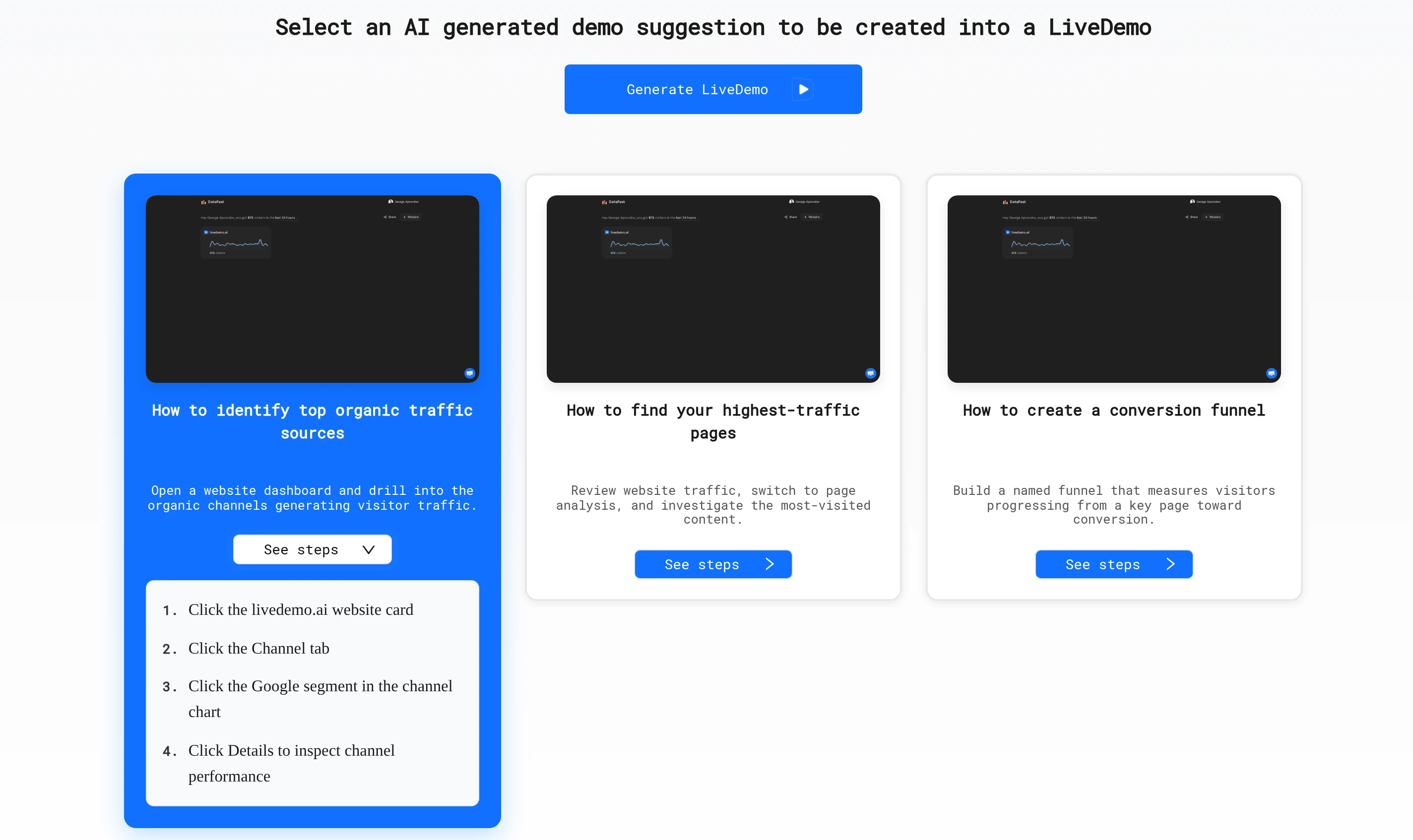 Three How to suggestions, one with steps open, and Generate LiveDemo