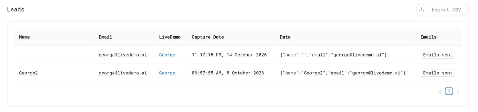 Leads table with name, email, LiveDemo, capture date and data, plus Export CSV