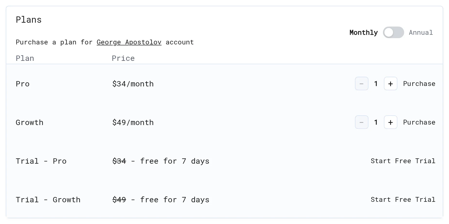 Plans card with the Monthly/Annual toggle, creator quantity controls, Purchase buttons and Start Free Trial options for Pro and Growth