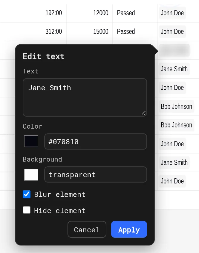 Edit text panel on a table cell with Blur element checked, the cell's name blurred in the demo, and Cancel and Apply buttons