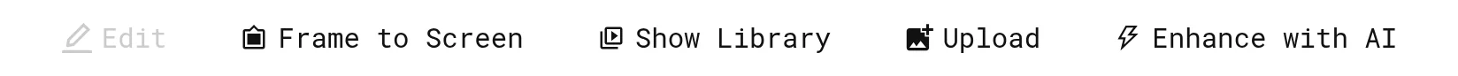 Editor toolbar on a screenshot screen with Edit greyed out and Frame to Screen, Show Library, Upload and Enhance with AI available