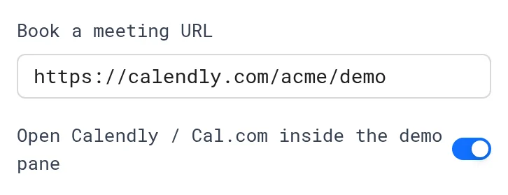 Book a meeting URL set to a Calendly link, with Open Calendly / Cal.com inside the demo pane turned on