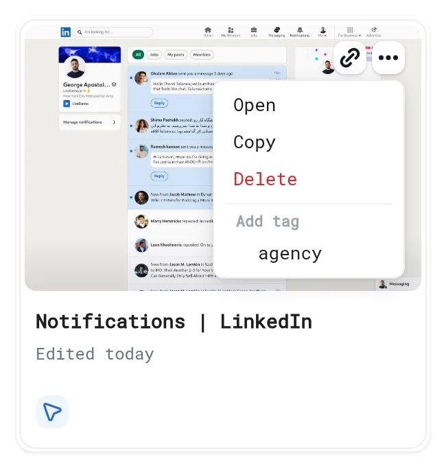 Demo card menu with Open, Copy, Delete, Add tag and the copy link icon