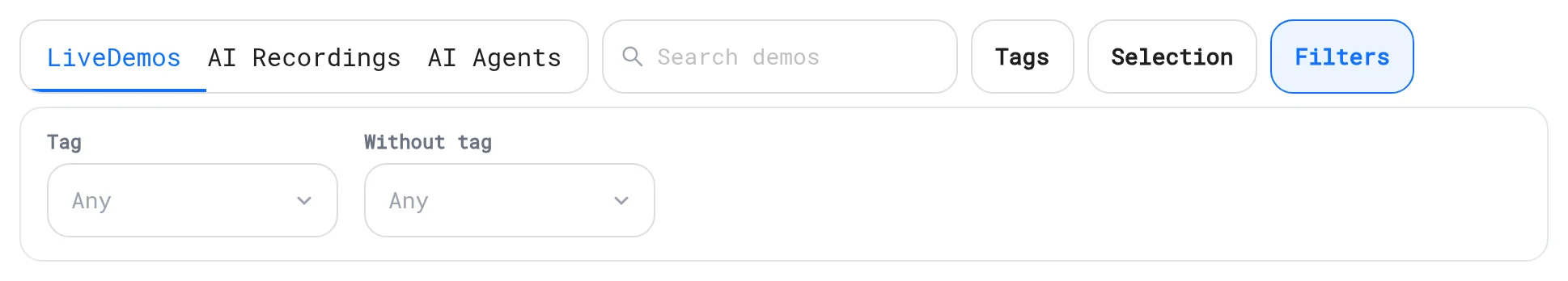 Search demos field with Filters open to Tag and Without tag