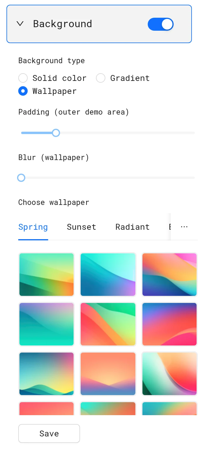 Background panel in the Custom tab