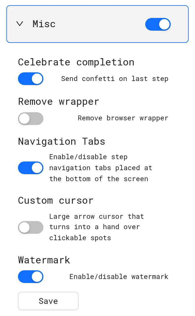 Misc panel in the Custom tab