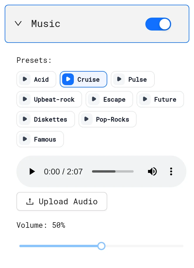 Music panel with background music turned on