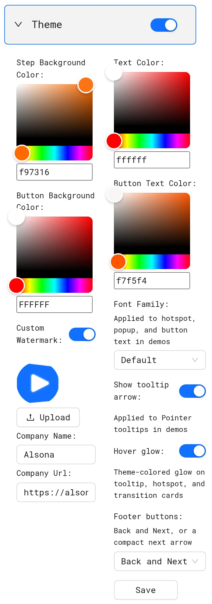 Theme panel in the Custom tab