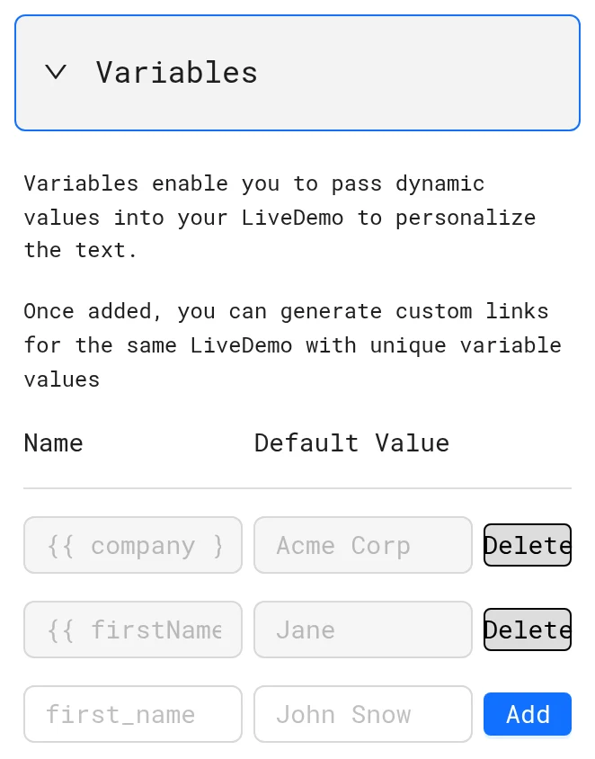 Variables panel with company and firstName variables