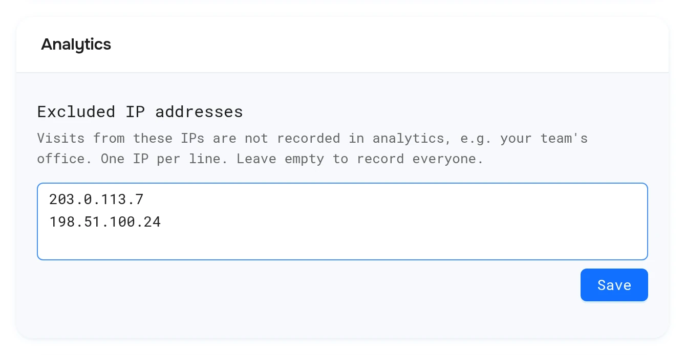 Analytics settings with excluded IP addresses, one per line, and Save