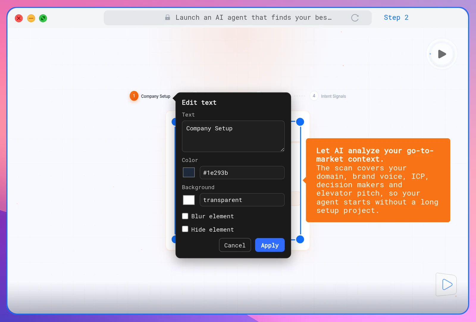 Edit mode with the Edit text panel open on a page element, including Blur element and Hide element
