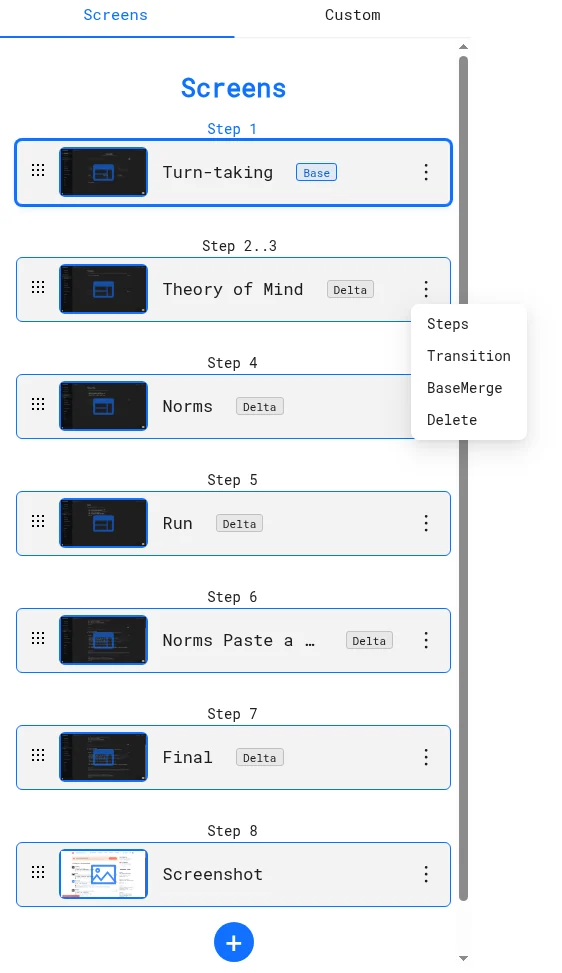 Screens tab with Base and Delta badges and the BaseMerge menu