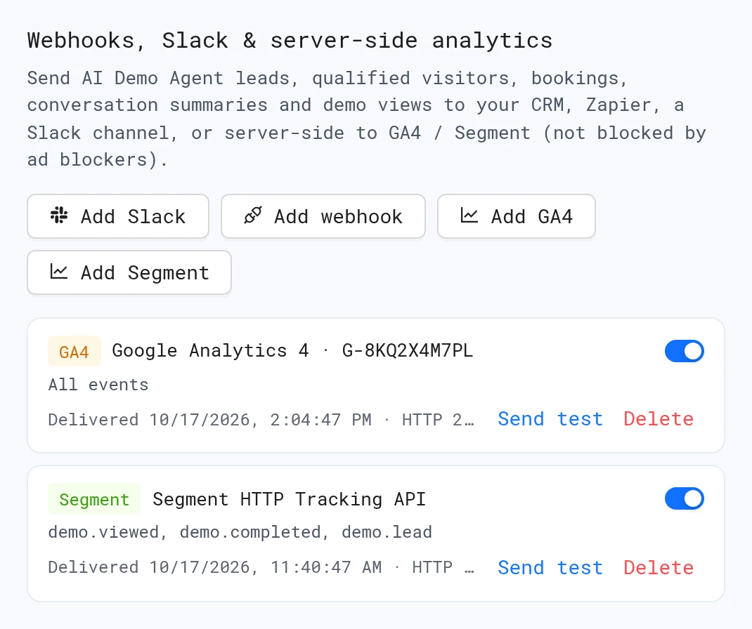 GA4 and Segment destinations in workspace settings with delivery status, Send test and Delete