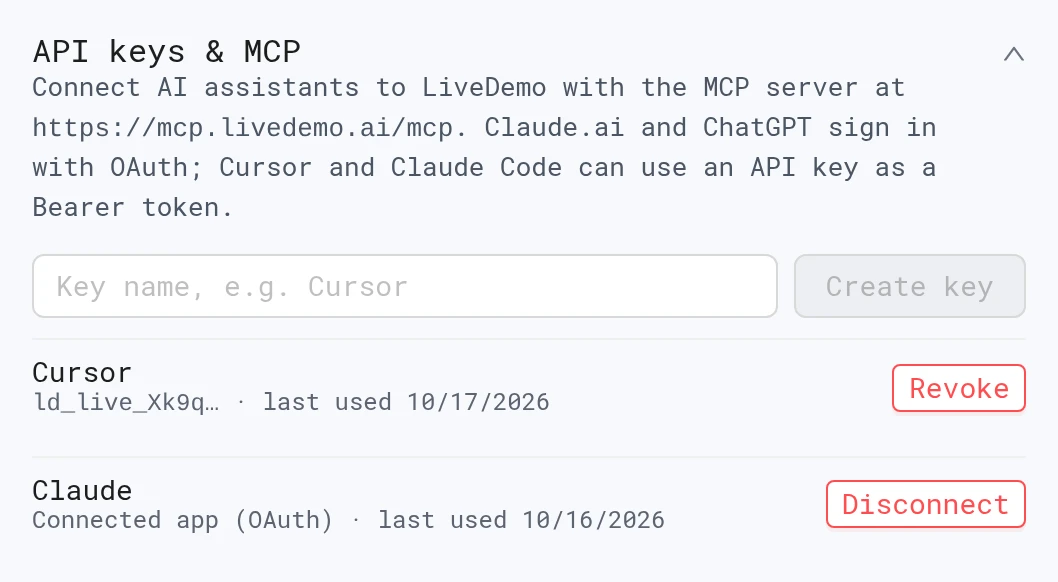 API keys and MCP section in settings with a Cursor key and a connected Claude app