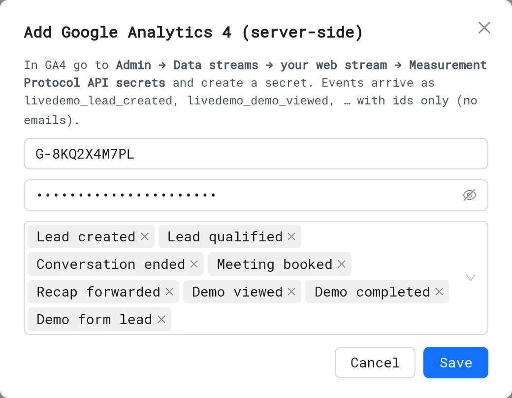 Add Google Analytics 4 (server-side) dialog with Measurement ID, API secret and event list
