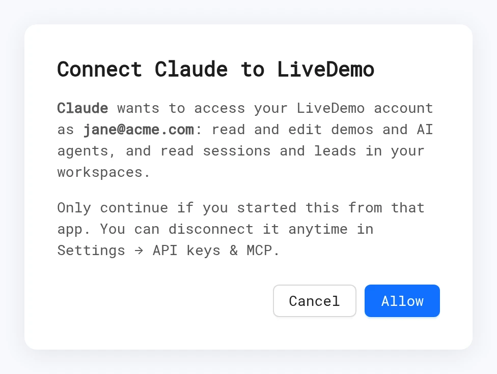 Connect Claude to LiveDemo consent screen with Cancel and Allow buttons