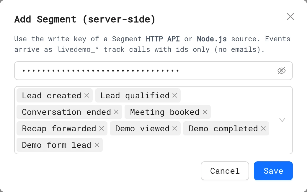 Add Segment (server-side) dialog with write key and event list