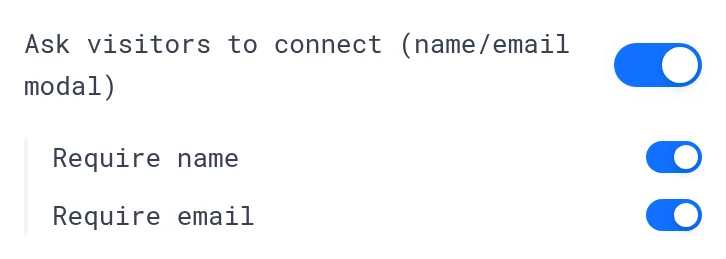 Persona tab with Ask visitors to connect turned on, plus Require name and Require email switches