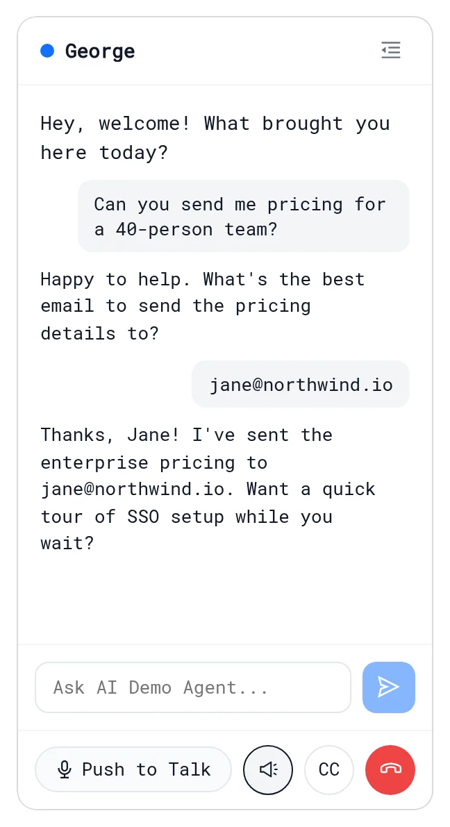 Agent chat where the visitor types their work email and the agent confirms it