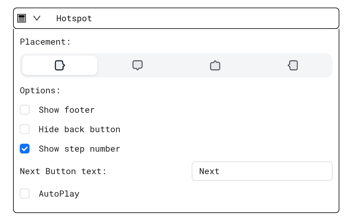 Hotspot step options: Show footer, Hide back button, Show step number, Next Button text and AutoPlay