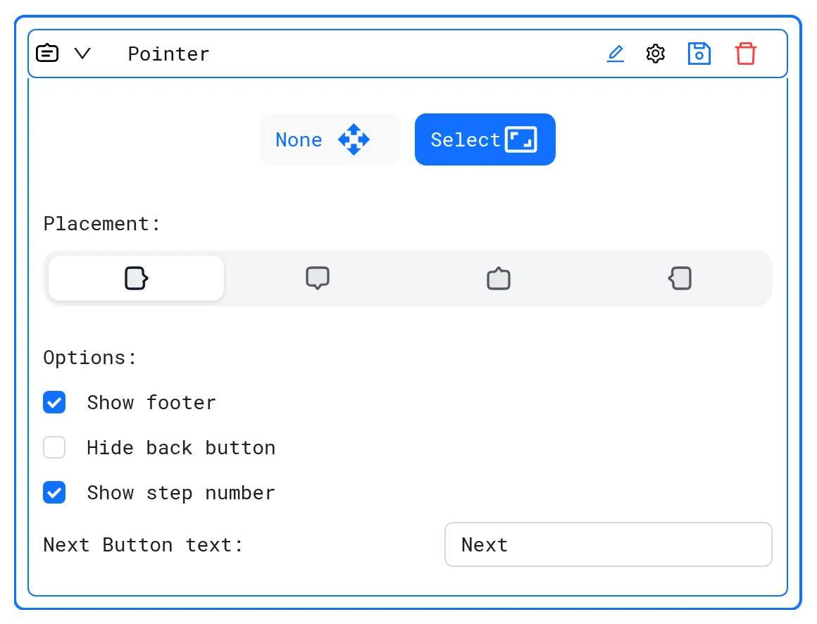 Pointer step settings with None and Select target modes and the Placement selector