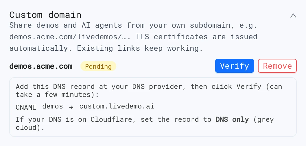 Custom domain demos.acme.com pending, with the CNAME record to add and Verify and Remove buttons