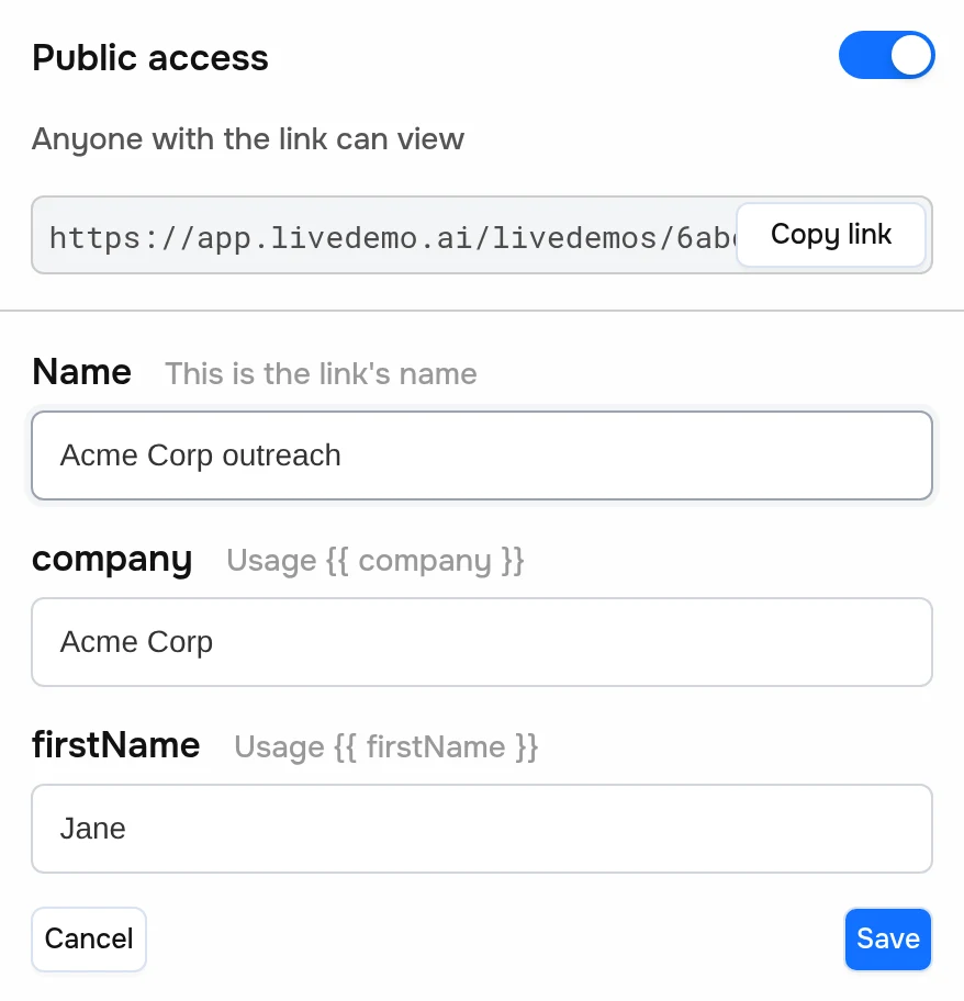 Create custom link form with a name and variable values