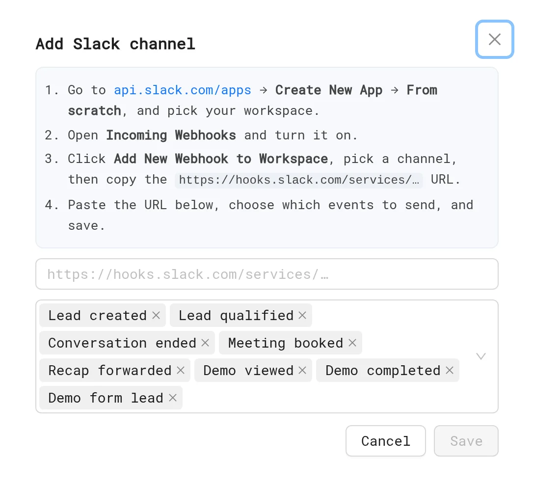 Add Slack channel dialog with webhook URL and events