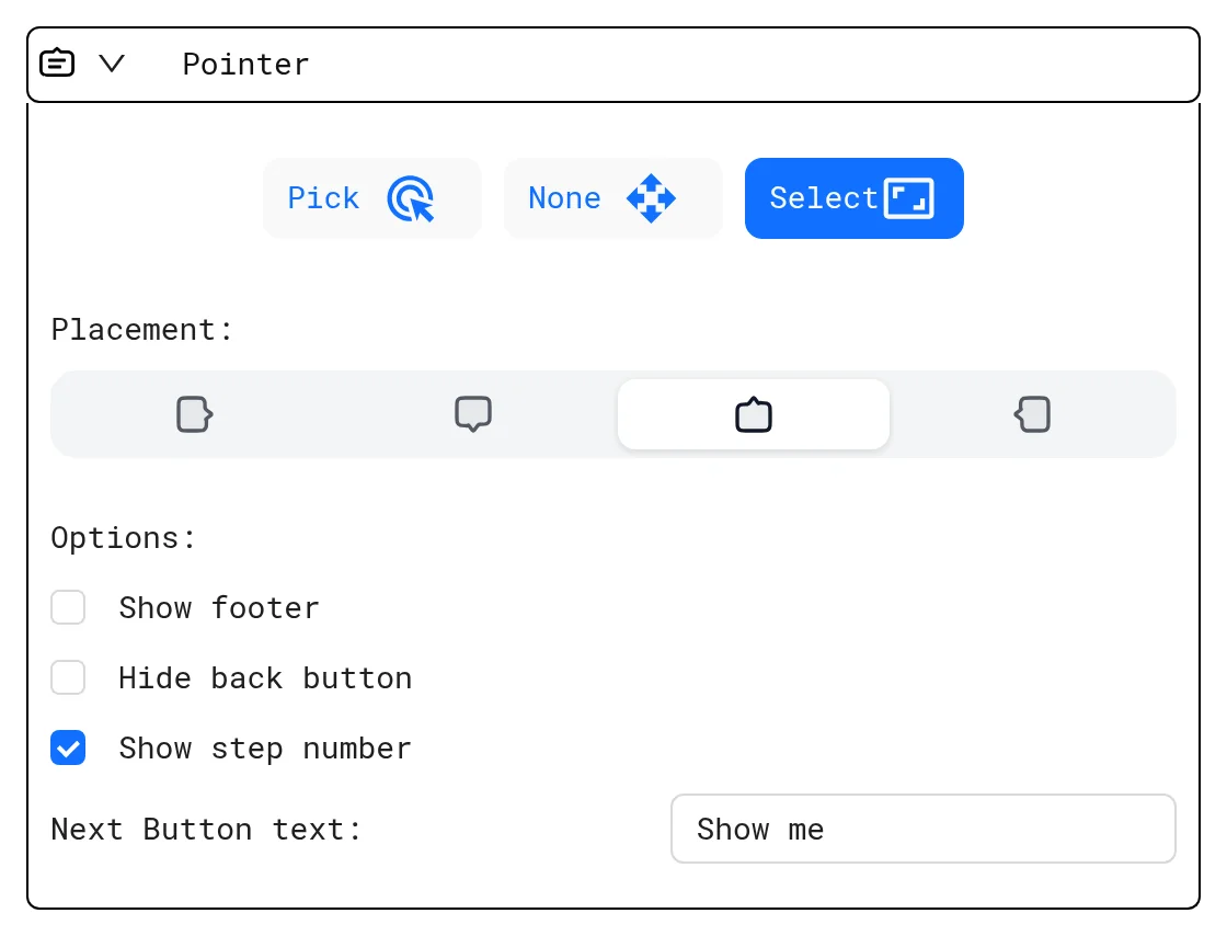 Step settings with Show footer, Hide back button, Show step number and Next Button text set to Show me