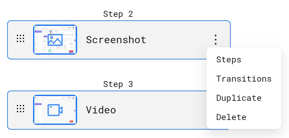 Screen menu with Steps, Transitions, Duplicate and Delete