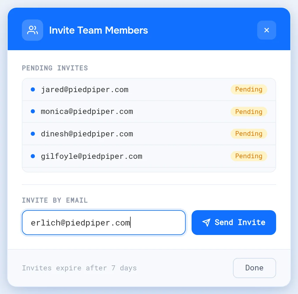 Invite Team Members dialog with pending invites and an email field next to Send Invite