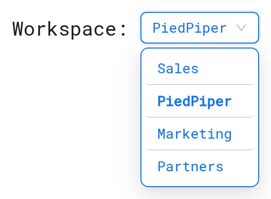 Workspace dropdown open with a list of workspaces to switch to