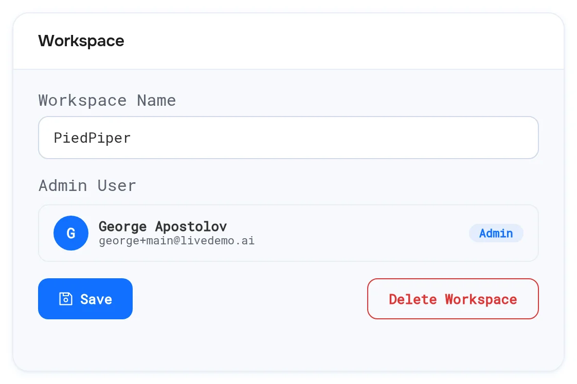 Workspace settings card with Workspace Name, Admin User, Save and Delete Workspace