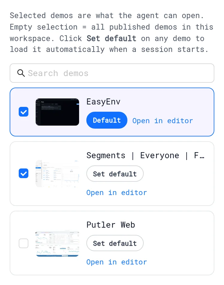 Demos tab with two selected demos, EasyEnv marked Default, and Set default and Open in editor on each demo