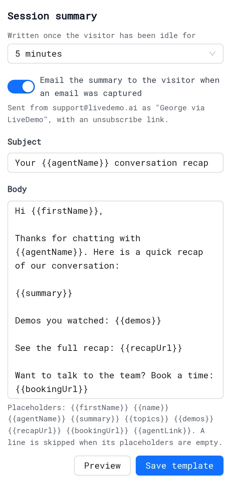 Session summary settings with the 5 minutes idle time, the summary email toggle on, and the subject and body template with placeholders