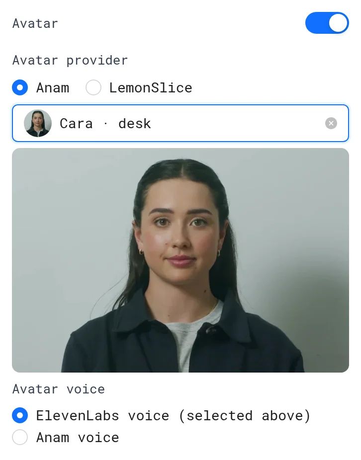 Avatar switch turned on with Anam selected as the provider, an avatar picked with its preview, and the Avatar voice options
