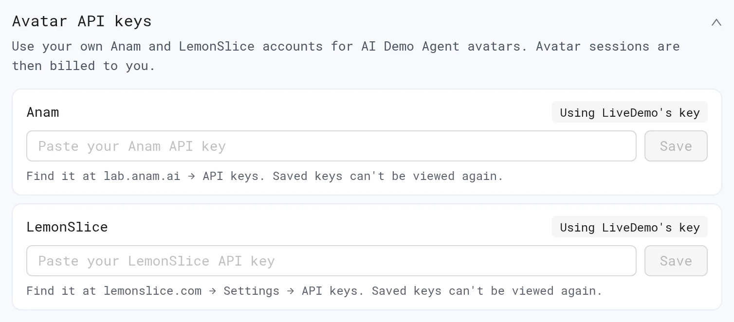 Avatar API keys section in workspace settings with Anam and LemonSlice API key fields
