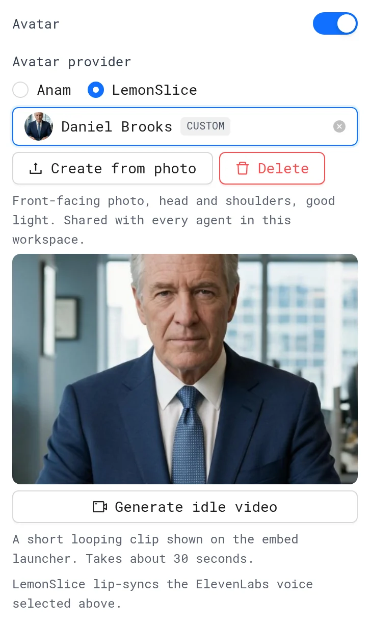 LemonSlice provider with a custom avatar selected, the Create from photo and Delete buttons, the photo preview and Generate idle video