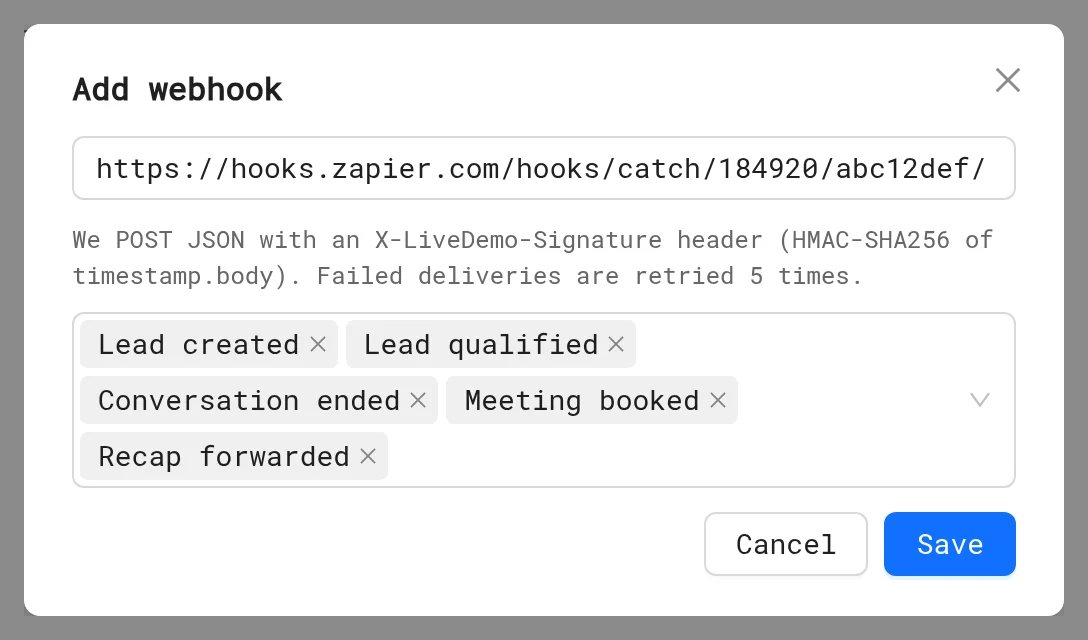 Add webhook dialog with a Zapier catch hook URL and selected events