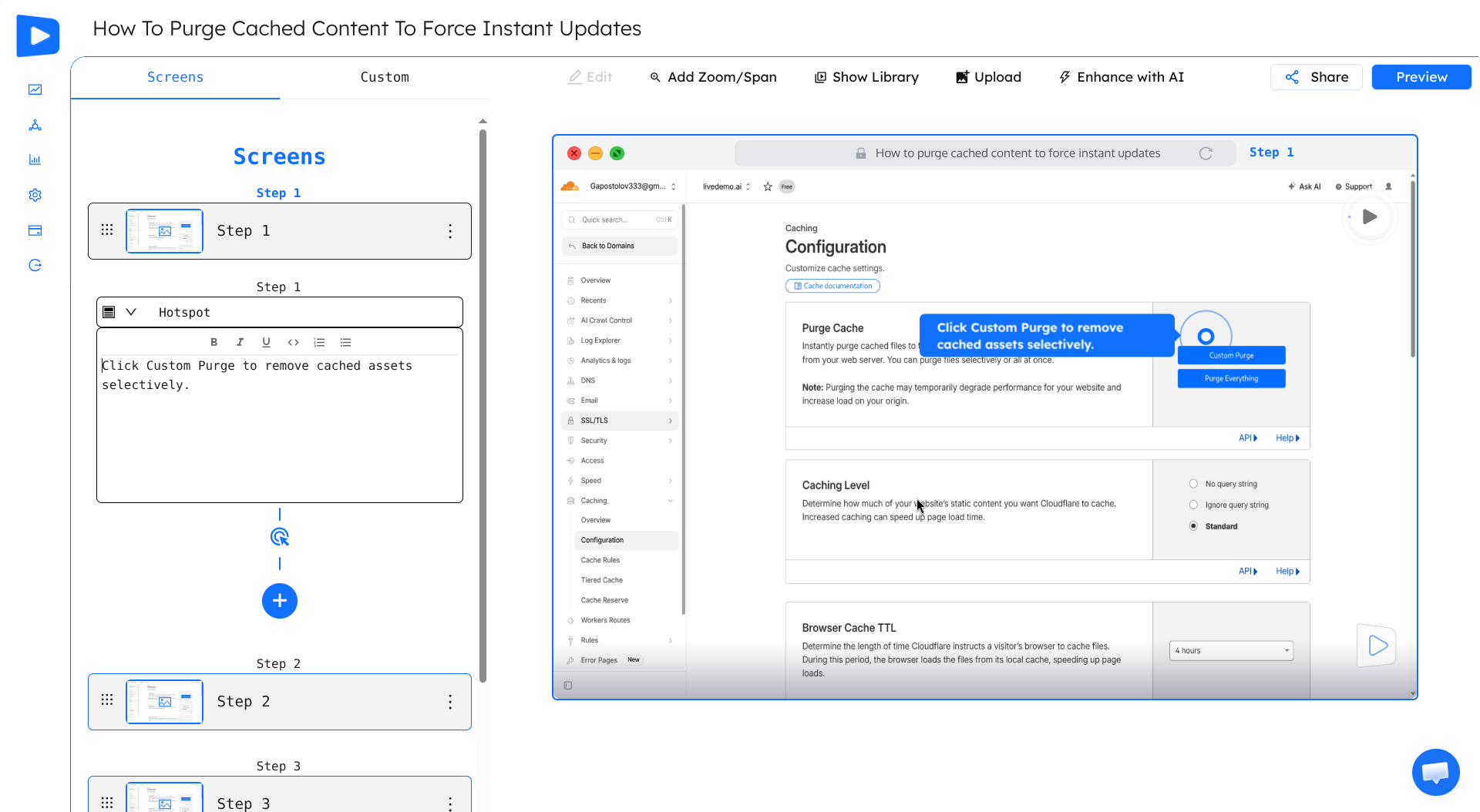 LiveDemo editor showing captured screens on the left and a hotspot tooltip on a Cloudflare caching page