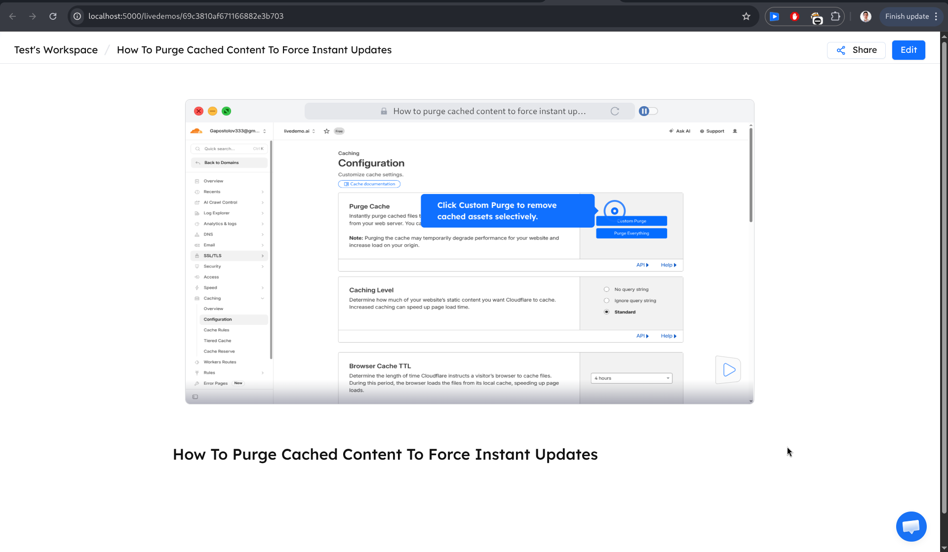 A LiveDemo demo of a Cloudflare caching page running on a self-hosted instance at localhost port 5000